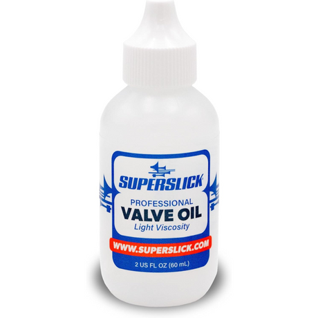 The image shows a 2 fl oz (60 mL) bottle of Superslick Professional Valve Oil, a light viscosity lubricant for brass instruments like trumpets, tubas, and French horns. It is used to keep valves moving smoothly and quickly, preventing sticking and ensuring proper playability. Superslick is a trusted brand in instrument maintenance products.