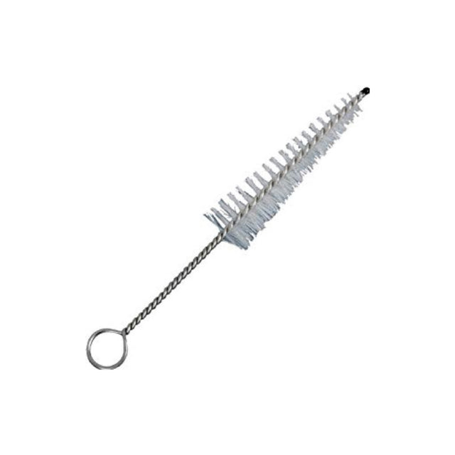 The image shows a wind instrument cleaning brush with a long, twisted wire handle and a loop for grip. It has dense, cylindrical bristles designed to clean narrow mouthpieces and tubing of brass or woodwind instruments like trumpets, clarinets, and saxophones. This brush helps remove moisture and debris, ensuring hygiene, sound quality, and instrument longevity.