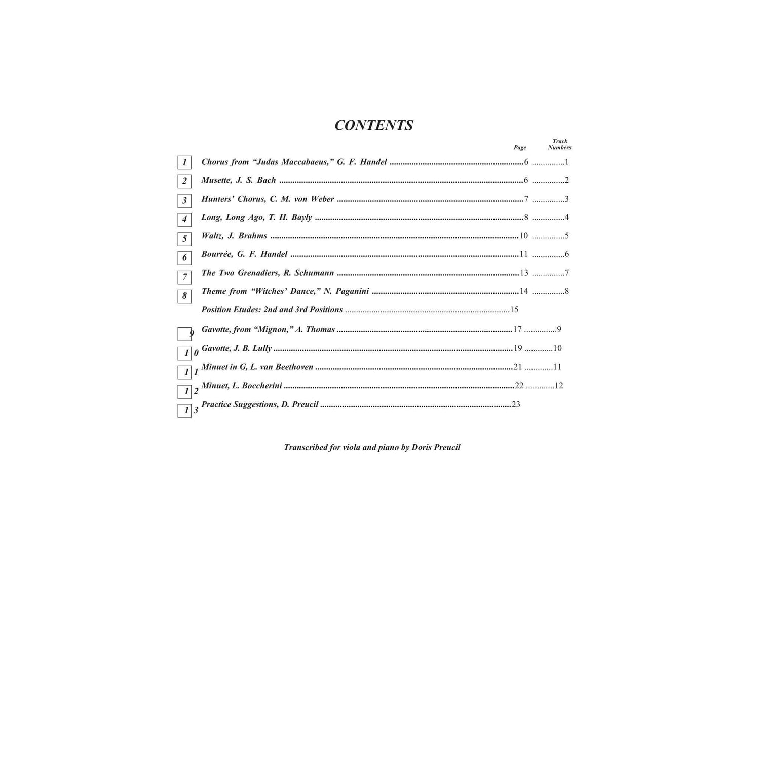 Table of contents for a music book for viola. The songs included in Suzuki Viola School Volume 2.