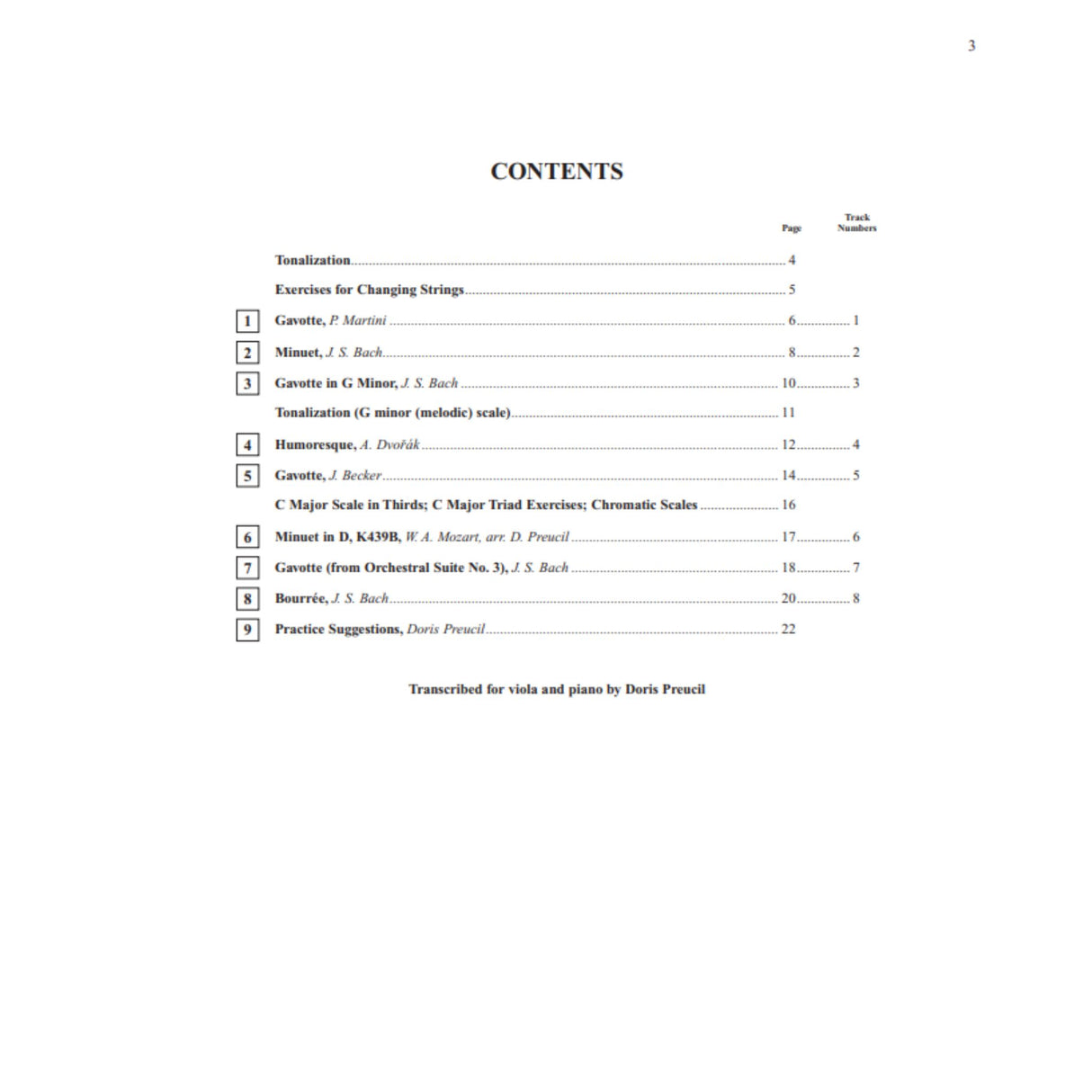 Table of contents for the book Suzuki Viol School Volume with titles of included songs including pieces by J.S Bach. 