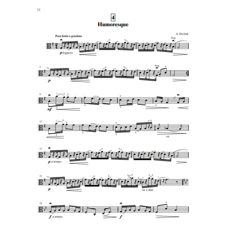 Print music for the viola for the piece, "Humoresque.""