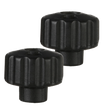 The image shows two black plastic control knobs with ribbed edges, designed for better grip. They have hollow centers for mounting on potentiometers and are likely used as replacement or aftermarket knobs on musical audio equipment such as guitar amps, mixers, effects pedals, synthesizers, or studio gear, allowing adjustment of volume, tone, gain, or effects settings.