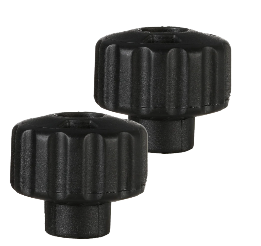 The image shows two black plastic control knobs with ribbed edges, designed for better grip. They have hollow centers for mounting on potentiometers and are likely used as replacement or aftermarket knobs on musical audio equipment such as guitar amps, mixers, effects pedals, synthesizers, or studio gear, allowing adjustment of volume, tone, gain, or effects settings.
