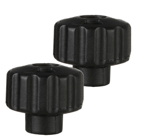 The image shows two black plastic control knobs with ribbed edges, designed for better grip. They have hollow centers for mounting on potentiometers and are likely used as replacement or aftermarket knobs on musical audio equipment such as guitar amps, mixers, effects pedals, synthesizers, or studio gear, allowing adjustment of volume, tone, gain, or effects settings.