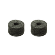 The image shows two small, round, dark cylindrical drum cymbal felts with holes in the center. These felt washers fit over cymbal stand rods, cushioning cymbals from metal contact. They protect cymbals, allow natural movement and resonance, and reduce unwanted noise. The visible dark, fibrous texture is typical of compressed felt, essential for preserving cymbal sound and durability.