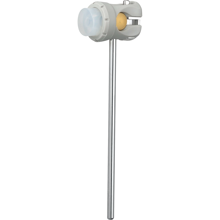 The image shows a bass drum beater with a long metal shaft, a felt-tipped striking head, and a mechanical attachment for a bass drum pedal. Used on drum kits, it strikes the drum head when the pedal is pressed, producing the kick drum’s low-frequency sound. The felt surface provides a warm tone and protects the drum head. This beater is likely a replacement or upgrade for customizing sound and playability.