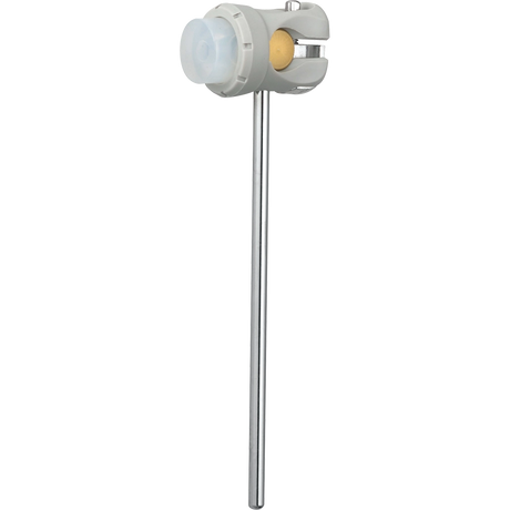 The image shows a bass drum beater with a long metal shaft, a felt-tipped striking head, and a mechanical attachment for a bass drum pedal. Used on drum kits, it strikes the drum head when the pedal is pressed, producing the kick drum’s low-frequency sound. The felt surface provides a warm tone and protects the drum head. This beater is likely a replacement or upgrade for customizing sound and playability.