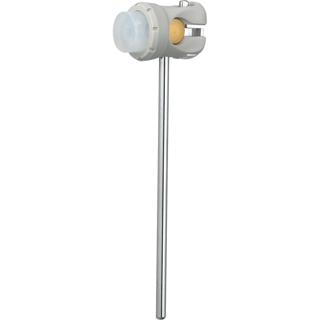 The image shows a bass drum beater with a long metal shaft, a felt-tipped striking head, and a mechanical attachment for a bass drum pedal. Used on drum kits, it strikes the drum head when the pedal is pressed, producing the kick drum’s low-frequency sound. The felt surface provides a warm tone and protects the drum head. This beater is likely a replacement or upgrade for customizing sound and playability.