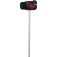 The image shows a bass drum beater with a long metal shaft, a black cylindrical beater head with a textured surface, and a red detail on the mechanism. Designed to attach to a bass drum pedal, it strikes the drum head to produce a warm, punchy sound. This essential percussion accessory is commonly found in drum hardware and kick drum setups.