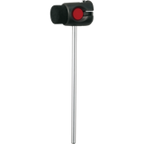 The image shows a bass drum beater with a long metal shaft, a black cylindrical beater head with a textured surface, and a red detail on the mechanism. Designed to attach to a bass drum pedal, it strikes the drum head to produce a warm, punchy sound. This essential percussion accessory is commonly found in drum hardware and kick drum setups.