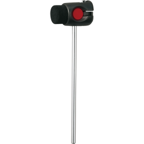 The image shows a bass drum beater with a long metal shaft, a black cylindrical beater head with a textured surface, and a red detail on the mechanism. Designed to attach to a bass drum pedal, it strikes the drum head to produce a warm, punchy sound. This essential percussion accessory is commonly found in drum hardware and kick drum setups.