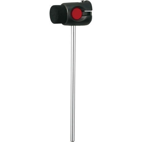 The image shows a bass drum beater with a long metal shaft, a black cylindrical beater head with a textured surface, and a red detail on the mechanism. Designed to attach to a bass drum pedal, it strikes the drum head to produce a warm, punchy sound. This essential percussion accessory is commonly found in drum hardware and kick drum setups.