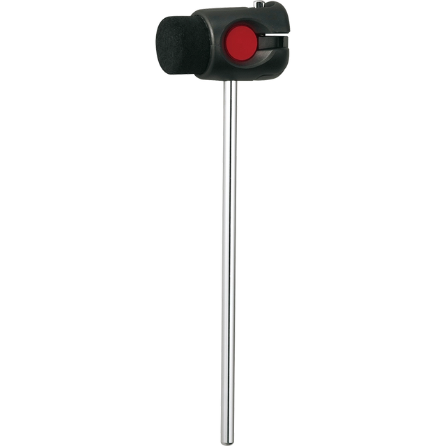 The image shows a bass drum beater with a long metal shaft, a black cylindrical beater head with a textured surface, and a red detail on the mechanism. Designed to attach to a bass drum pedal, it strikes the drum head to produce a warm, punchy sound. This essential percussion accessory is commonly found in drum hardware and kick drum setups.