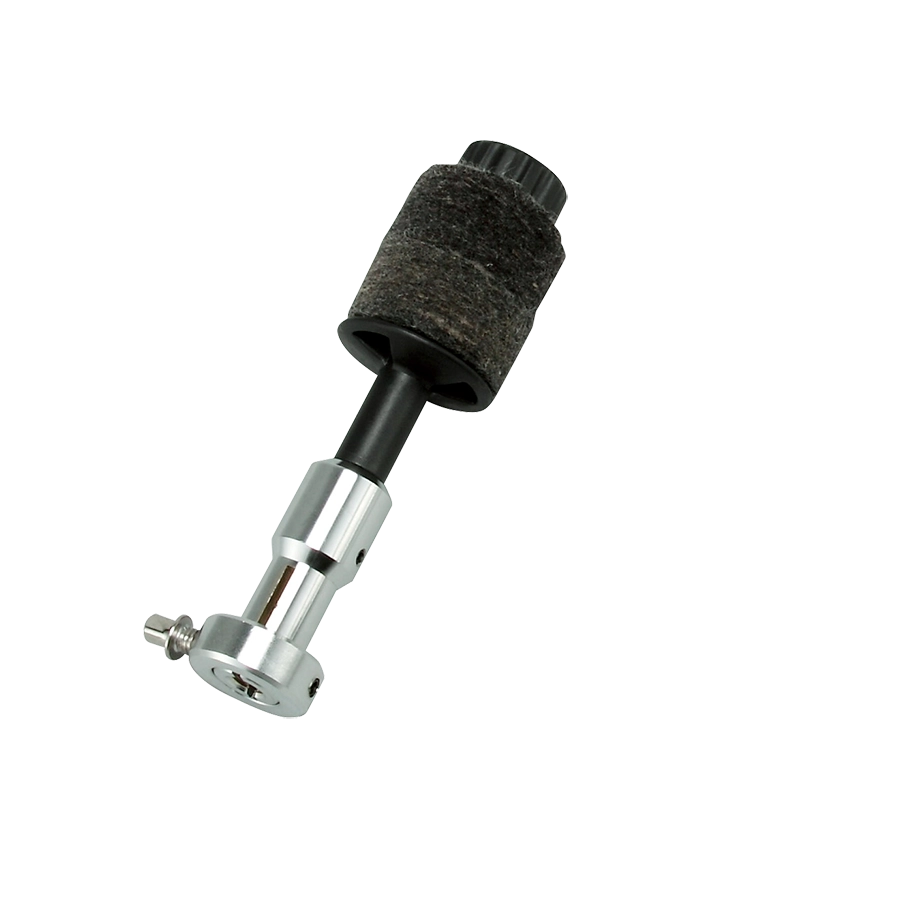 The image shows a drum tuning key with a metal shaft designed to fit square tension rods on drum lugs. It has a black textured rubber grip for comfort and improved hold. Compact and portable, this essential tool allows drummers to tighten or loosen tension rods, adjusting drumhead pitch and tone. The grip helps prevent slipping, aiding precise tuning during setup or performance.