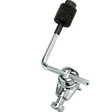 The image shows a chrome-plated cymbal boom arm, a drum hardware component used to position cymbals at various angles and distances. It features an L-shaped bend for flexibility, a tilter mechanism with an adjustment lever for angling cymbals, a black knurled grip for secure handling, and a clamp to attach to a cymbal stand. This boom arm extends reach and enhances cymbal placement in a drum kit beyond a straight stand.