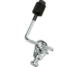 The image shows a chrome-plated cymbal boom arm, a drum hardware component used to position cymbals at various angles and distances. It features an L-shaped bend for flexibility, a tilter mechanism with an adjustment lever for angling cymbals, a black knurled grip for secure handling, and a clamp to attach to a cymbal stand. This boom arm extends reach and enhances cymbal placement in a drum kit beyond a straight stand.