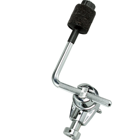 The image shows a chrome-plated cymbal boom arm, a drum hardware component used to position cymbals at various angles and distances. It features an L-shaped bend for flexibility, a tilter mechanism with an adjustment lever for angling cymbals, a black knurled grip for secure handling, and a clamp to attach to a cymbal stand. This boom arm extends reach and enhances cymbal placement in a drum kit beyond a straight stand.