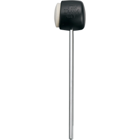 The image shows a bass drum beater with a black "TAMA" embossed head featuring a hard black side and a softer white side, allowing different tones. It is attached to a chrome metal shaft that connects to the pedal. This dual-surface beater provides versatile sounds: a punchy attack from the hard side and a warmer tone from the soft side, making it an essential drum kit accessory.