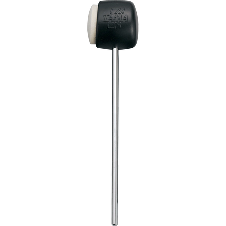 The image shows a bass drum beater with a black "TAMA" embossed head featuring a hard black side and a softer white side, allowing different tones. It is attached to a chrome metal shaft that connects to the pedal. This dual-surface beater provides versatile sounds: a punchy attack from the hard side and a warmer tone from the soft side, making it an essential drum kit accessory.