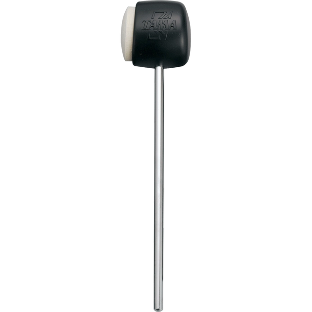 The image shows a bass drum beater with a black "TAMA" embossed head featuring a hard black side and a softer white side, allowing different tones. It is attached to a chrome metal shaft that connects to the pedal. This dual-surface beater provides versatile sounds: a punchy attack from the hard side and a warmer tone from the soft side, making it an essential drum kit accessory.
