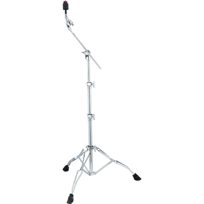 The image shows a chrome-plated boom cymbal stand with a tripod base and telescoping height-adjustable shaft. It features a horizontal boom arm with a tilter for angle adjustments. Rubber feet prevent slipping, and the sturdy design supports cymbals securely. The boom arm allows flexible positioning over drum kits, making it ideal for crash, ride, or effects cymbals in percussion setups.