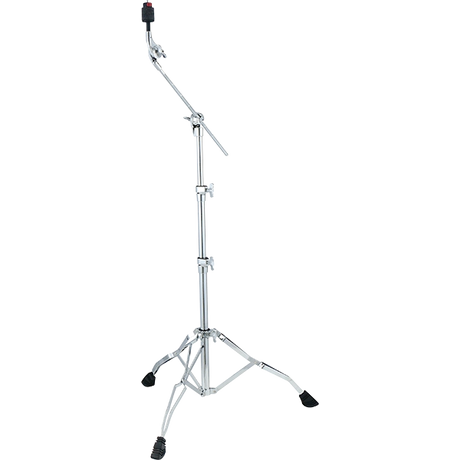 The image shows a chrome-plated boom cymbal stand with a tripod base and telescoping height-adjustable shaft. It features a horizontal boom arm with a tilter for angle adjustments. Rubber feet prevent slipping, and the sturdy design supports cymbals securely. The boom arm allows flexible positioning over drum kits, making it ideal for crash, ride, or effects cymbals in percussion setups.
