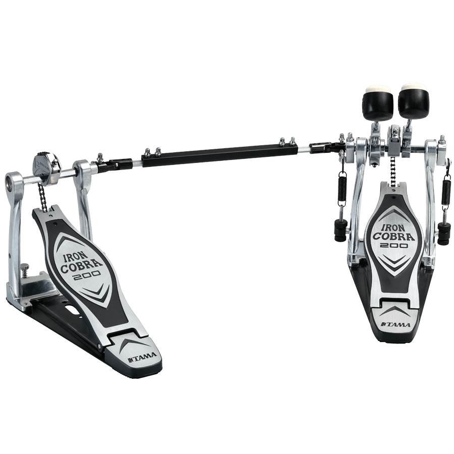 The image shows a Tama Iron Cobra 200 series double bass drum pedal with two connected foot pedals and a chain drive system. It features chrome and black metal construction, adjustable black beaters, wide footplates for stability, and branding on the pedal plates. Designed for fast, complex bass drum patterns, it’s popular in rock and metal for smooth, durable performance.