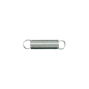 The image shows a metal coil spring with loops on both ends, known as a tremolo or vibrato spring. Commonly used in electric guitars like Fender Stratocasters and Floyd Rose bridges, it sits in the guitar's back cavity to balance string tension. This allows the tremolo arm to create pitch-bending effects, with adjustable tension for customized response, making it a key component for guitar tremolo systems.