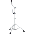 The image shows a chrome-plated drum cymbal stand with a sturdy tripod base, adjustable legs with rubber feet, and a telescoping shaft for height adjustment. It features an articulating boom arm with multiple wing nut clamps for positioning and a cymbal mount at the top. This professional-grade stand allows flexible placement of cymbals for studio or live use, optimizing height and angle without interfering with other drum hardware.