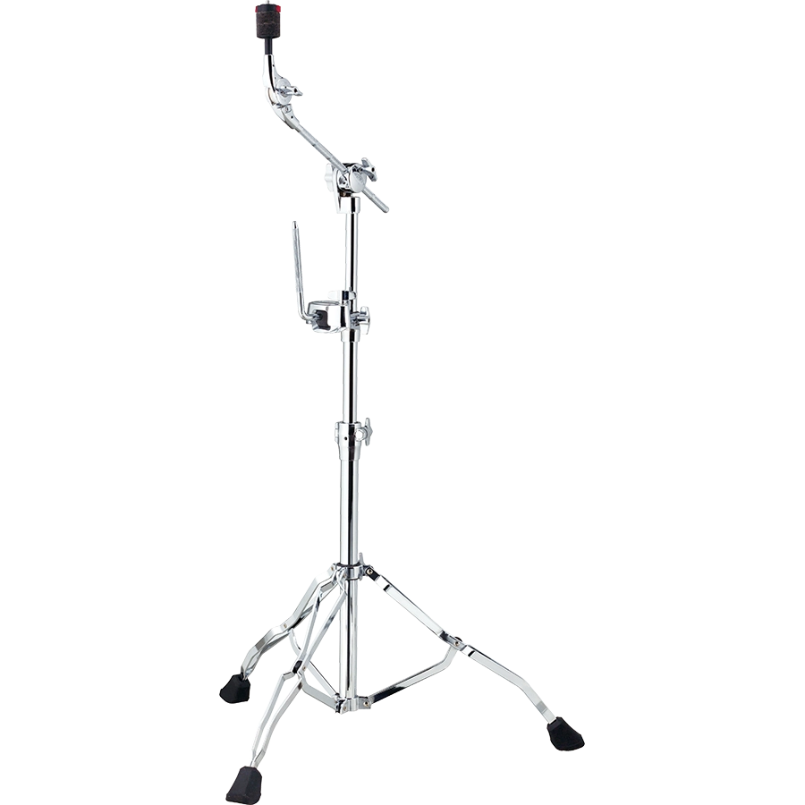 The image shows a chrome-plated drum cymbal stand with a sturdy tripod base, adjustable legs with rubber feet, and a telescoping shaft for height adjustment. It features an articulating boom arm with multiple wing nut clamps for positioning and a cymbal mount at the top. This professional-grade stand allows flexible placement of cymbals for studio or live use, optimizing height and angle without interfering with other drum hardware.