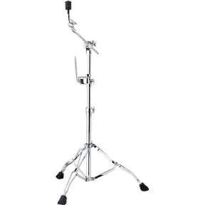 The image shows a chrome-plated drum cymbal stand with a sturdy tripod base, adjustable legs with rubber feet, and a telescoping shaft for height adjustment. It features an articulating boom arm with multiple wing nut clamps for positioning and a cymbal mount at the top. This professional-grade stand allows flexible placement of cymbals for studio or live use, optimizing height and angle without interfering with other drum hardware.