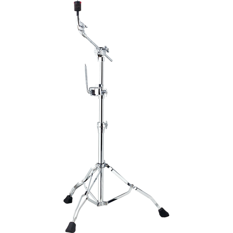 The image shows a chrome-plated drum cymbal stand with a sturdy tripod base, adjustable legs with rubber feet, and a telescoping shaft for height adjustment. It features an articulating boom arm with multiple wing nut clamps for positioning and a cymbal mount at the top. This professional-grade stand allows flexible placement of cymbals for studio or live use, optimizing height and angle without interfering with other drum hardware.