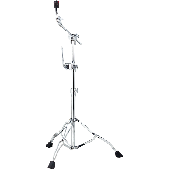 The image shows a chrome-plated drum cymbal stand with a sturdy tripod base, adjustable legs with rubber feet, and a telescoping shaft for height adjustment. It features an articulating boom arm with multiple wing nut clamps for positioning and a cymbal mount at the top. This professional-grade stand allows flexible placement of cymbals for studio or live use, optimizing height and angle without interfering with other drum hardware.