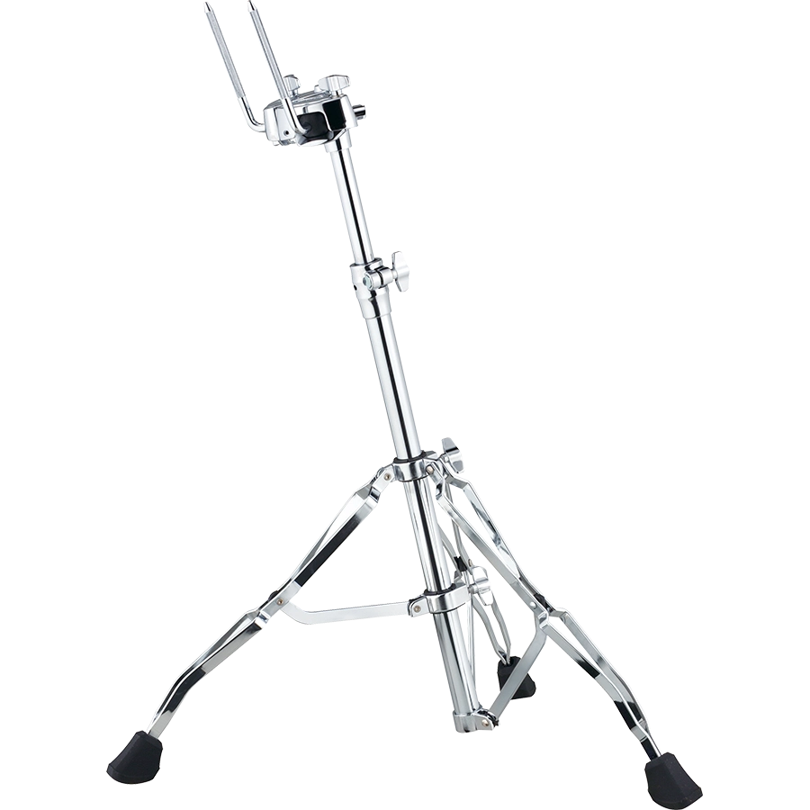 The image shows a chrome-plated hi-hat cymbal stand with a tripod base featuring rubber feet for stability. It has an adjustable telescoping center column, a hi-hat clutch with metal arms to hold cymbals, and a foot pedal at the base to open and close the cymbals. This durable, professional-quality stand is essential for drum kits, allowing drummers to control cymbal sounds by pressing the pedal to close or release to open.