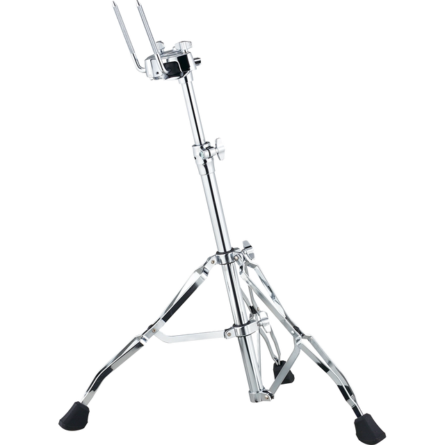 The image shows a chrome-plated hi-hat cymbal stand with a tripod base featuring rubber feet for stability. It has an adjustable telescoping center column, a hi-hat clutch with metal arms to hold cymbals, and a foot pedal at the base to open and close the cymbals. This durable, professional-quality stand is essential for drum kits, allowing drummers to control cymbal sounds by pressing the pedal to close or release to open.