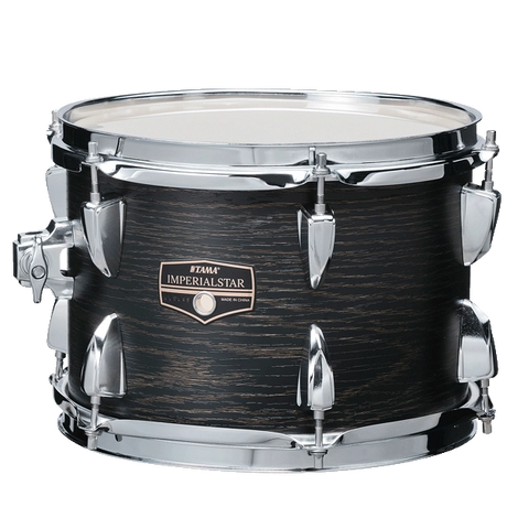 The image shows a Tama Imperial Star tom-tom drum with a dark wood grain finish and chrome hardware. It features multiple tuning lugs, standard drum heads, and a medium size, likely 10" or 12" in diameter. This drum is part of an intermediate-level kit, known for quality construction and a professional look with its chrome components and attractive wood finish.