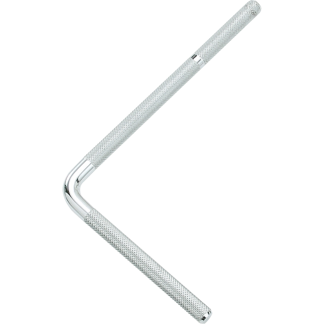 The image shows a drum key, an L-shaped metal tool with a textured, knurled grip used by drummers to adjust drumhead tension. By turning tuning lugs, it alters drum pitch and tone—tightening raises pitch, loosening lowers it. Essential for setup, tuning, drumhead changes, and sound adjustments, its grip ensures secure handling even under strong force.