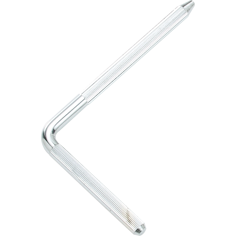 The image shows a chrome or silver-plated tremolo arm, also known as a whammy bar, for electric guitars. It has an L-shaped bend and a ribbed texture for grip. This accessory screws into the bridge of guitars with a tremolo system, like Fender Stratocasters, allowing players to bend pitch and create vibrato or dive bomb effects. It’s a common replacement part for damaged or lost tremolo arms.