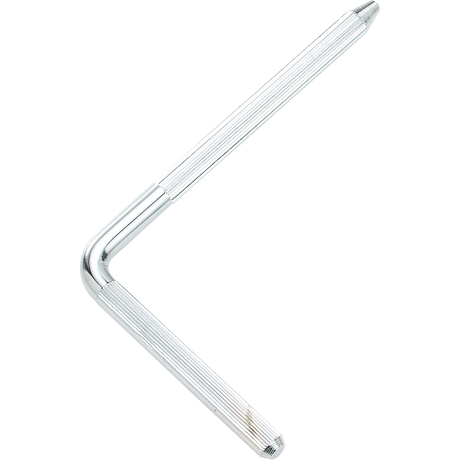 The image shows a chrome or silver-plated tremolo arm, also known as a whammy bar, for electric guitars. It has an L-shaped bend and a ribbed texture for grip. This accessory screws into the bridge of guitars with a tremolo system, like Fender Stratocasters, allowing players to bend pitch and create vibrato or dive bomb effects. It’s a common replacement part for damaged or lost tremolo arms.