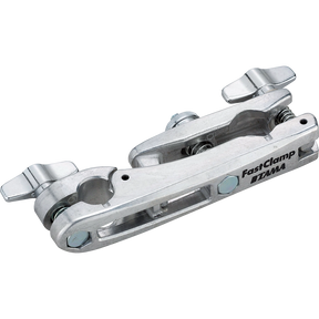 The image shows a Tama FastClamp, a chrome-plated multi-angle drum hardware clamp. It features multiple adjustment points with wing nuts, allowing secure attachment of toms, cymbals, and accessories to drum stands. Designed for versatile positioning and quick setup, this durable clamp helps drummers customize their kit layouts efficiently. Tama is known for quality, innovative drum hardware.