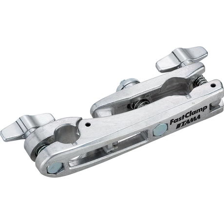 The image shows a Tama FastClamp, a chrome-plated multi-angle drum hardware clamp. It features multiple adjustment points with wing nuts, allowing secure attachment of toms, cymbals, and accessories to drum stands. Designed for versatile positioning and quick setup, this durable clamp helps drummers customize their kit layouts efficiently. Tama is known for quality, innovative drum hardware.