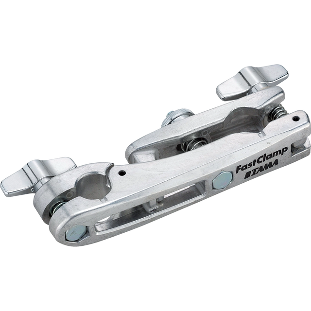 The image shows a Tama FastClamp, a chrome-plated multi-angle drum hardware clamp. It features multiple adjustment points with wing nuts, allowing secure attachment of toms, cymbals, and accessories to drum stands. Designed for versatile positioning and quick setup, this durable clamp helps drummers customize their kit layouts efficiently. Tama is known for quality, innovative drum hardware.
