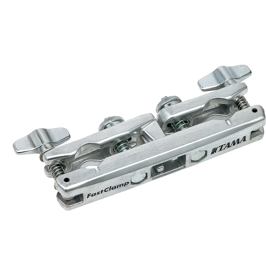 The image shows a Tama FastClamp, a polished chrome drum hardware clamp designed to mount percussion accessories like cowbells or woodblocks. It features Tama branding, dual adjustable wing nuts for secure attachment, and multi-angle adjustment for precise positioning. This professional-grade clamp attaches to drum stands or racks, providing reliable, quick setup for expanding drum kits with additional instruments.