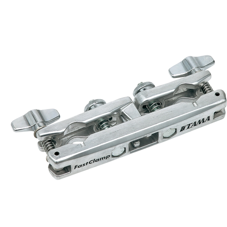 The image shows a Tama FastClamp, a polished chrome drum hardware clamp designed to mount percussion accessories like cowbells or woodblocks. It features Tama branding, dual adjustable wing nuts for secure attachment, and multi-angle adjustment for precise positioning. This professional-grade clamp attaches to drum stands or racks, providing reliable, quick setup for expanding drum kits with additional instruments.