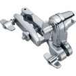 The image shows a chrome-plated drum hardware clamp, likely a multi-clamp or cymbal arm, featuring adjustable wing nuts and articulated joints for flexible positioning. This sturdy, precision-engineered piece is used to securely mount cymbals and percussion accessories on a drum kit, allowing drummers to customize their setup for optimal placement during performances or recording.