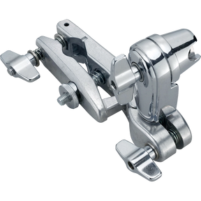 The image shows a chrome-plated drum hardware clamp, likely a multi-clamp or cymbal arm, featuring adjustable wing nuts and articulated joints for flexible positioning. This sturdy, precision-engineered piece is used to securely mount cymbals and percussion accessories on a drum kit, allowing drummers to customize their setup for optimal placement during performances or recording.