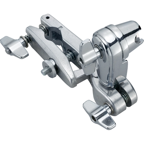 The image shows a chrome-plated drum hardware clamp, likely a multi-clamp or cymbal arm, featuring adjustable wing nuts and articulated joints for flexible positioning. This sturdy, precision-engineered piece is used to securely mount cymbals and percussion accessories on a drum kit, allowing drummers to customize their setup for optimal placement during performances or recording.