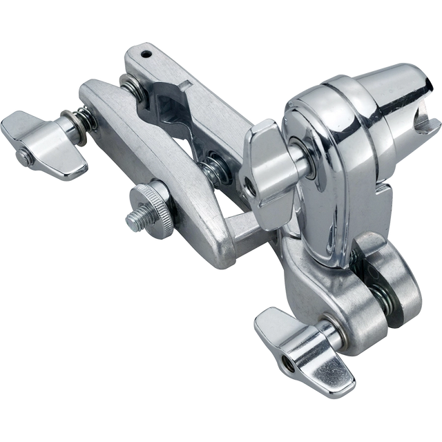 The image shows a chrome-plated drum hardware clamp, likely a multi-clamp or cymbal arm, featuring adjustable wing nuts and articulated joints for flexible positioning. This sturdy, precision-engineered piece is used to securely mount cymbals and percussion accessories on a drum kit, allowing drummers to customize their setup for optimal placement during performances or recording.