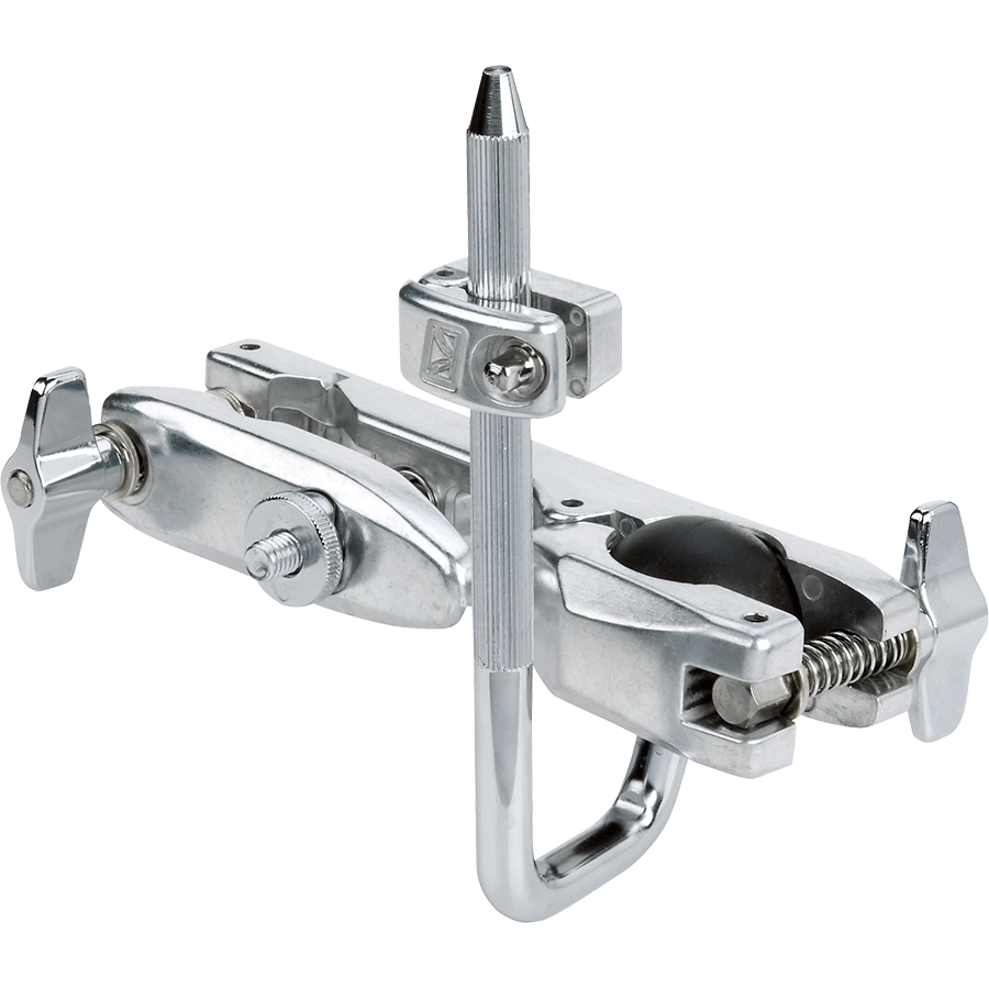 The image shows a chrome multi-clamp drum hardware accessory designed to attach to drum or cymbal stands and racks. It features a main clamp for cylindrical rods, an adjustable arm with a ball joint for positioning, a secondary clamp for mounting additional hardware, and wing nuts for secure adjustments. This clamp helps drummers maximize space by mounting multiple components on a single stand.