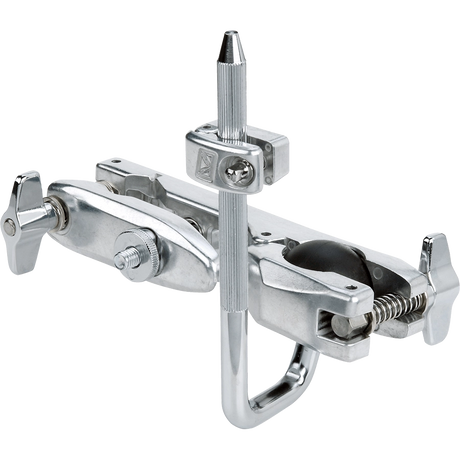 The image shows a chrome multi-clamp drum hardware accessory designed to attach to drum or cymbal stands and racks. It features a main clamp for cylindrical rods, an adjustable arm with a ball joint for positioning, a secondary clamp for mounting additional hardware, and wing nuts for secure adjustments. This clamp helps drummers maximize space by mounting multiple components on a single stand.
